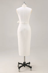 Weißes V-Ausschnitt Satin Standesamtkleid mit Gürtel